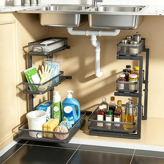 Under Sink Organizer, Black, 3-Tier, 2 Pack | Height Adjustable, Thickened Metal, Pull Out Cabinet Organizer Shelf, Space-Saving Slide Out Storage Drawer Rack