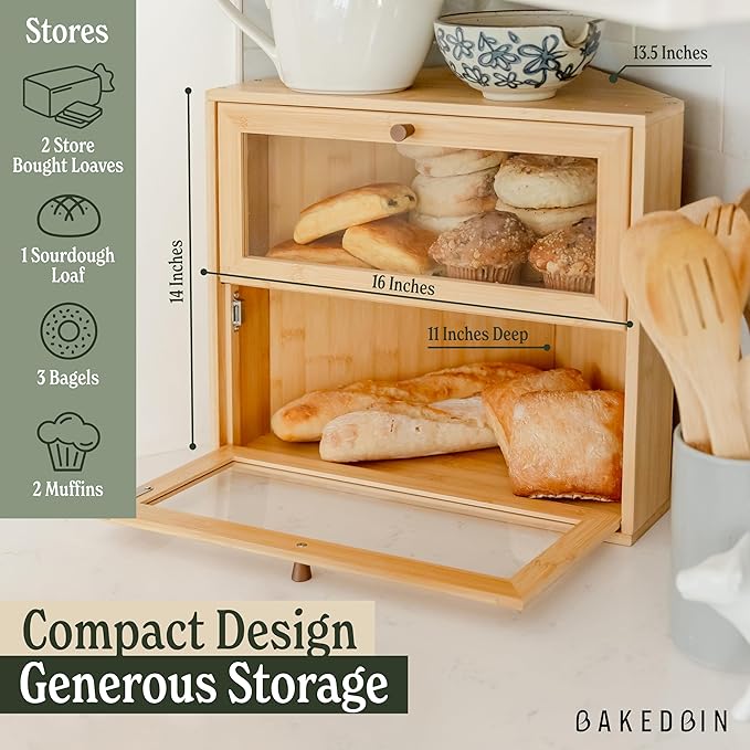 Corner Bread Box for Kitchen Countertop - New 2026 Design, Vintage Bamboo Wooden BreadBox, Large, Double Layer Storage for Homemade Bread, Sourdough, Panera, Under Cabinet Organizer