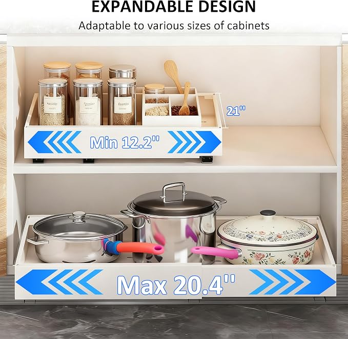 2 Pack Pull Out Cabinet Organizer Expandable Width (12.2"-20.4") x 21'' Deep, No Drill Adhesive Drawer, Heavy Duty Roll Out Shelves Drawers Adjustable White
