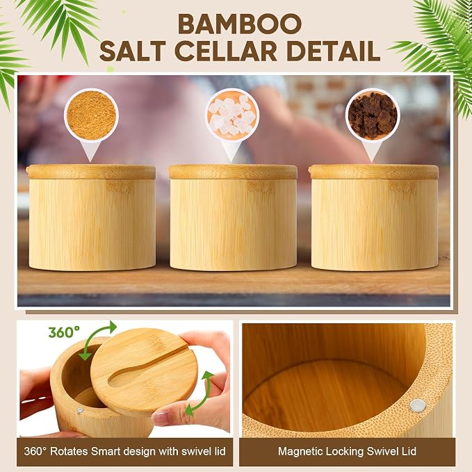 Honeydak 12 Pcs 6oz Bamboo Salt Cellar Salt Container with Magnetic Swivel Lid & Spoon Bamboo Storage Box Kitchen Holder Jar to Storage Pepper Spice Sea Sugar for Countertop (1 Compartment)