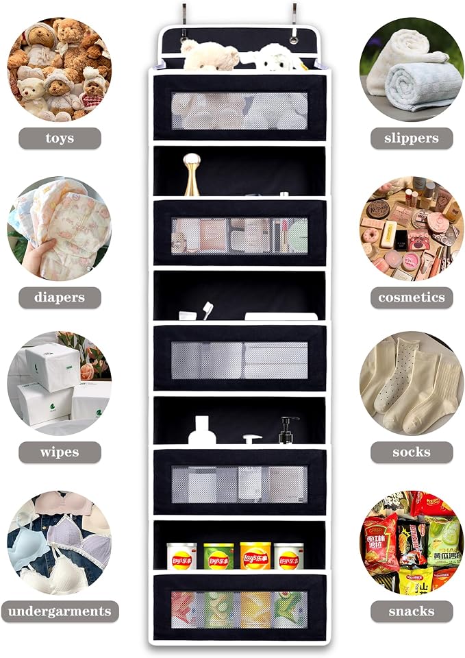 Over The Door Organizer, Reinforced Composite Fabric with Reinforced Stitching and Anti-Sag Structure, 44LB Capacity, 5 Large Pockets & 10 Mesh Pockets for Bathroom, Nursery & Laundry Room (Black)