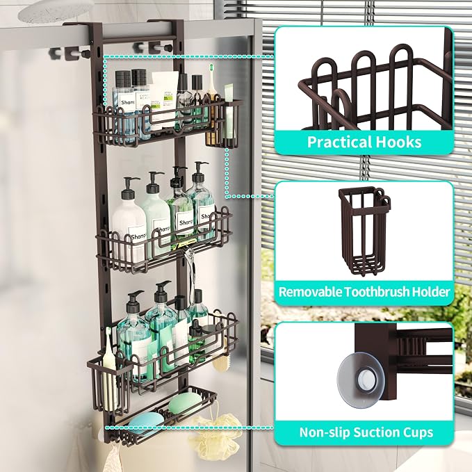 HapiRm 4 Tier Over the Door Shower Caddy, Hanging Shower Caddy with 22 Hooks and 2 Toothbrush Holders, No Drilling Adjustable Hanging Bathroom Organizer - Bronze