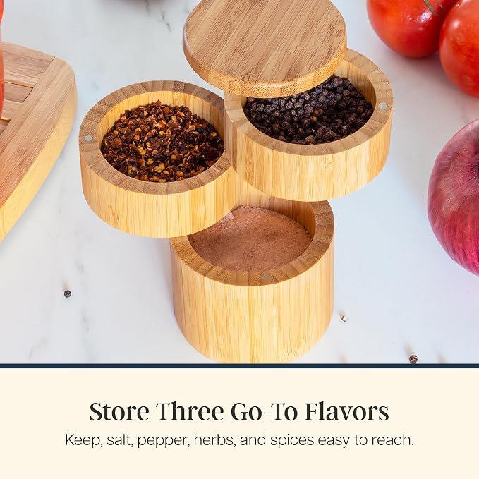 Totally Bamboo Triple Salt Cellar, 3 Tier Bamboo Salt and Pepper Container with Magnetic Swivel Lids, Seasoning Box for Herbs and Spices, 1⅓ Cup