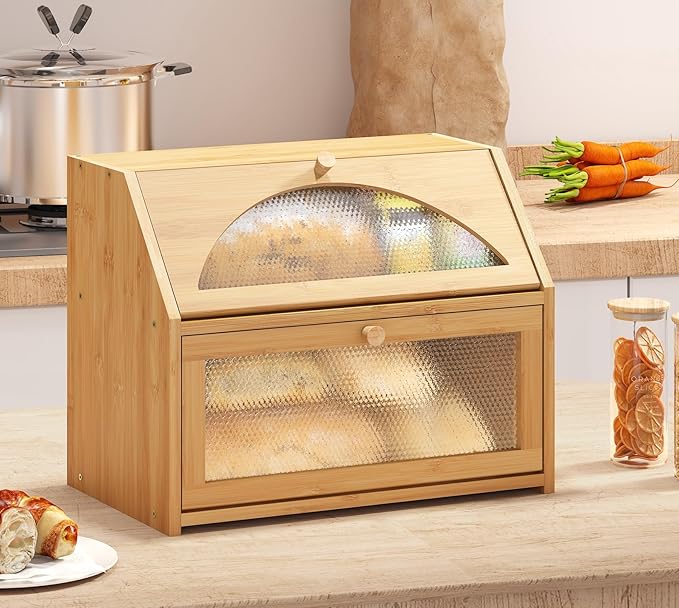 Bread Box, Bamboo Wood Bread Box for Kitchen Counter, Double-layer Bread Storage Bin, Acrylic glass with Diamond Patterns (Natural, Large)