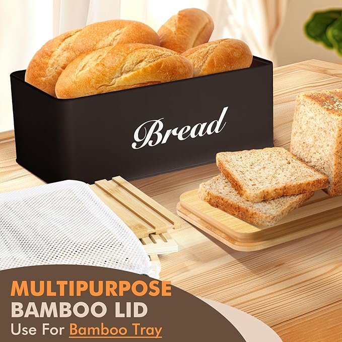 RYTOXILO Bread Slicer with Black Bread Box, Bread Storage Container for Kitchen Countertop with Multifunction Bamboo Lid, 3 in 1 Breadbox for Loaf Slicing & Tray, Bread Holder for Kitchen