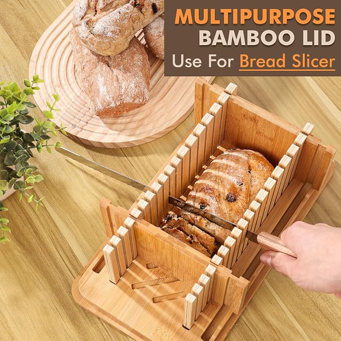 RYTOXILO Bread Slicer with Black Bread Box, Bread Storage Container for Kitchen Countertop with Multifunction Bamboo Lid, 3 in 1 Breadbox for Loaf Slicing & Tray, Bread Holder for Kitchen