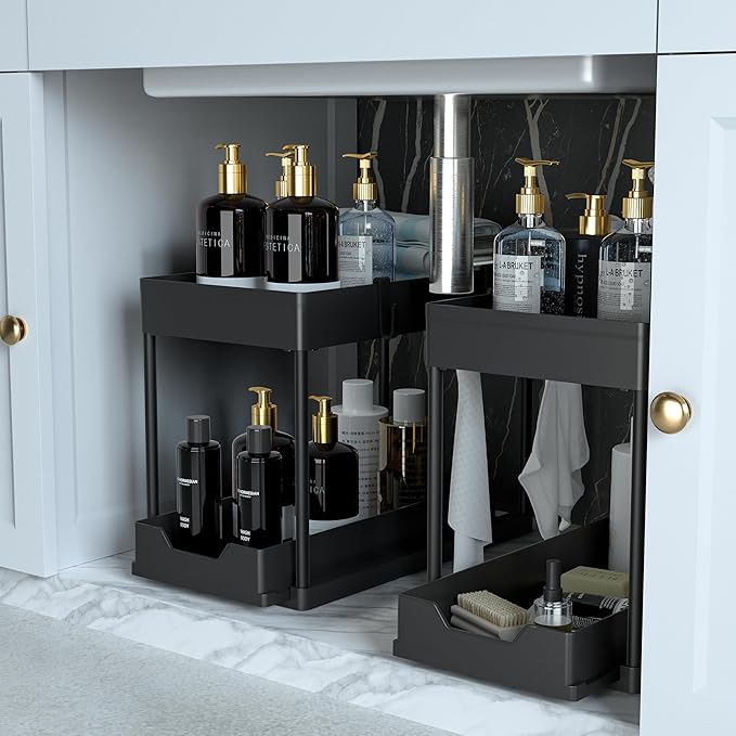 Under Sink Organizer -2 PACK|Pull Out Bathroom Organizer|2 Tier Slide Out Bathroom/Kitchen Organiers and Storage. (2 PACK Normal)