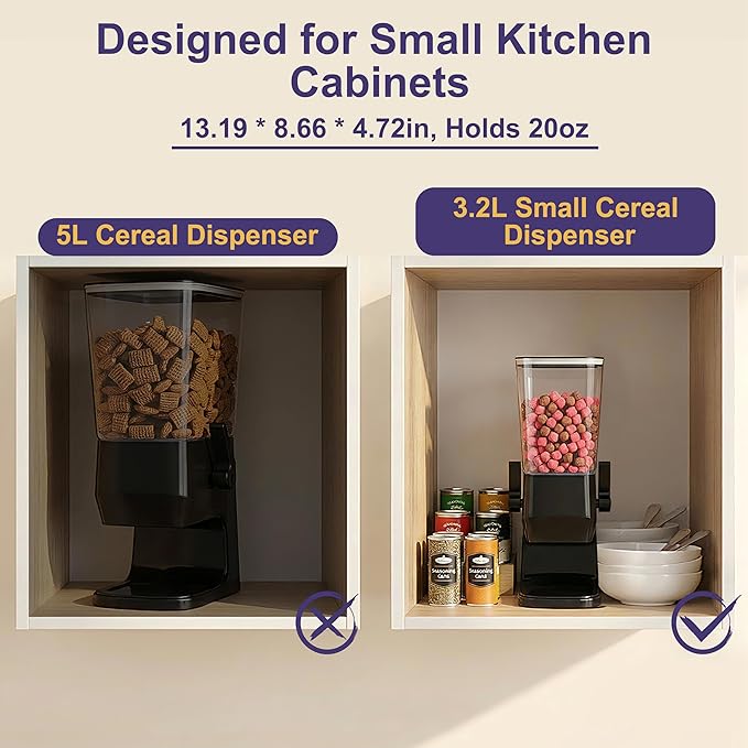 Cereal Dispenser Countertop, Dry Food Dispenser Snack Organizer, Slim Cereal Containers Storage Dispenser with Lids for Pantry, Kitchen Organization Oatmeal Nut Granola Candy, Black, 2pcs