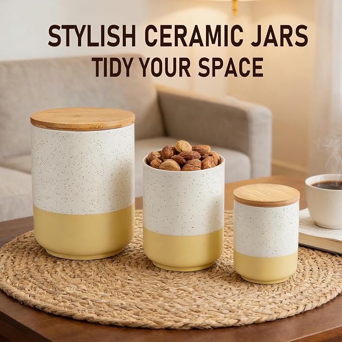 Food Storage Jars with Airtight Wood Lids,3-Pack Ceramic Canister Set for Flour Cereal Sugar Tea Coffee Beans Snacks– Modern Container Kitchen Pantry Storage Jar(White)