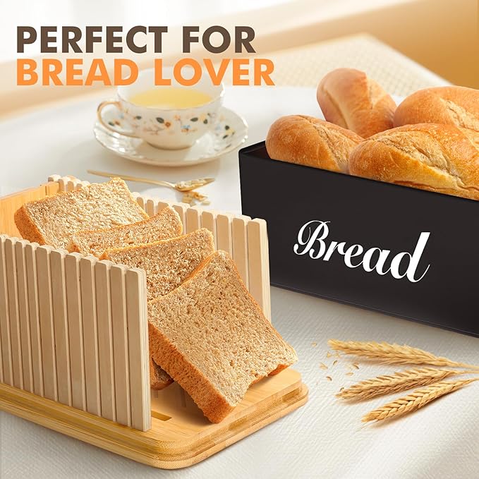 RYTOXILO Bread Slicer with Black Bread Box, Bread Storage Container for Kitchen Countertop with Multifunction Bamboo Lid, 3 in 1 Breadbox for Loaf Slicing & Tray, Bread Holder for Kitchen