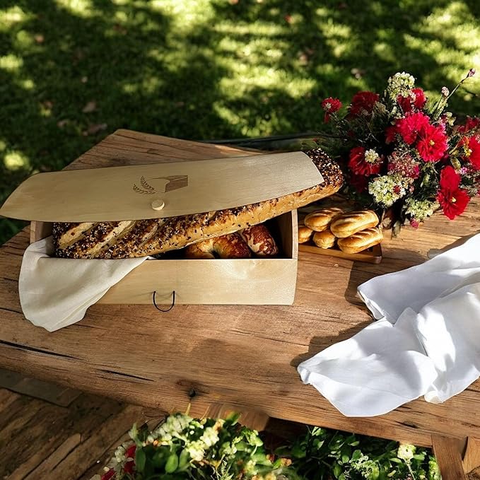 Large Birch Wood Bread Box 15″ | Natural Bread Storage Bin for Kitchen Countertop, Eco-Friendly Loaf Keeper | No Assembly Needed| Lightweight & Portable for Picnic, Camping & Travel