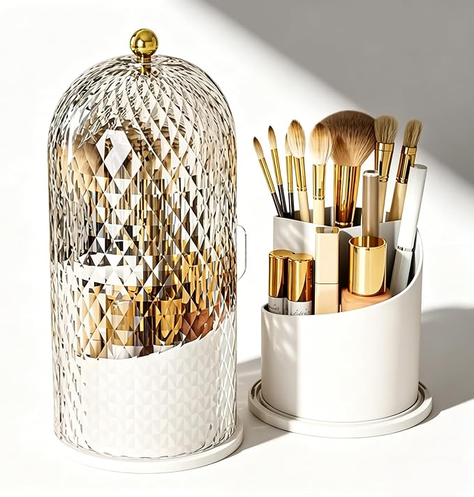 LEFEEL Lumière Mini 360 Rotating Makeup Organizer with Lid, Diamond Cut Cosmetic Organizer - Dustproof Vanity Organizer for Makeup Brushes, Toothbrush & Bathroom Countertop （White