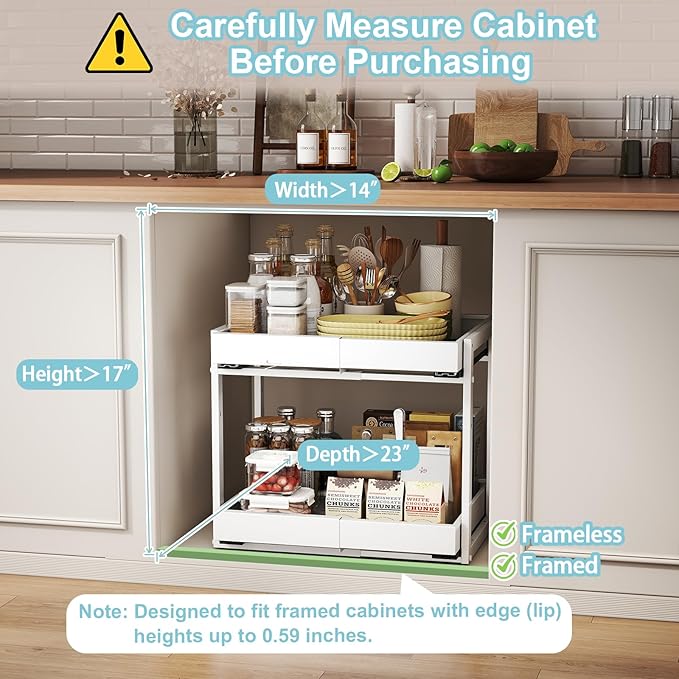 Golener 2-Tier Expandable Pull Out Cabinet Organizer - 21" Deep Slide Out Drawers for Kitchen Cabinets, Bathroom Organizers and Storage, Under Sink Organizer for Kitchen Storage Organization, White