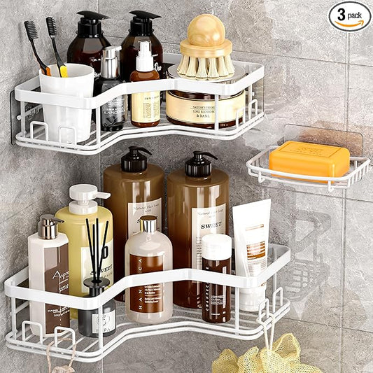 MAXIFFE 3 Pack Corner Shower Caddy with Soap Holder, Large Capacity Sturdy Easy Install No Drilling Stainless Steel Hold 40 LBS Shower Organizer Shelves Rack Storage for Family Renters Bathroom, White
