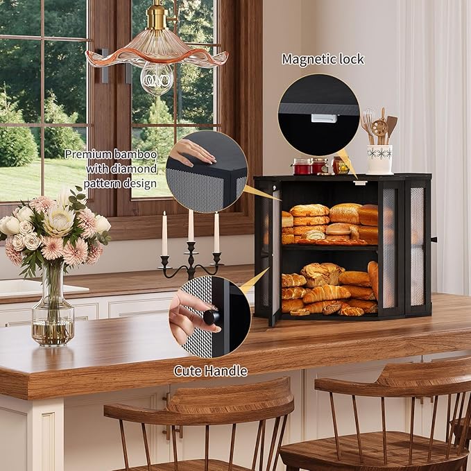 Corner Bread Box for Kitchen Countertop,Bread Storage for Homemade Bread, Double Layer Large Bamboo Kitchen Storage Bin with Window (Black, Large)