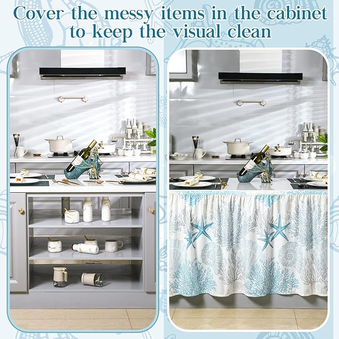 VitalCozy Cabinet Curtains 28" W x 51" L Sink Skirt for Bathroom Kitchen Summer Blue Ocean Coral Dishwasher Curtain for Home Farmhouse Rustic Drape Under Desk Privacy Drape for Laundry Room