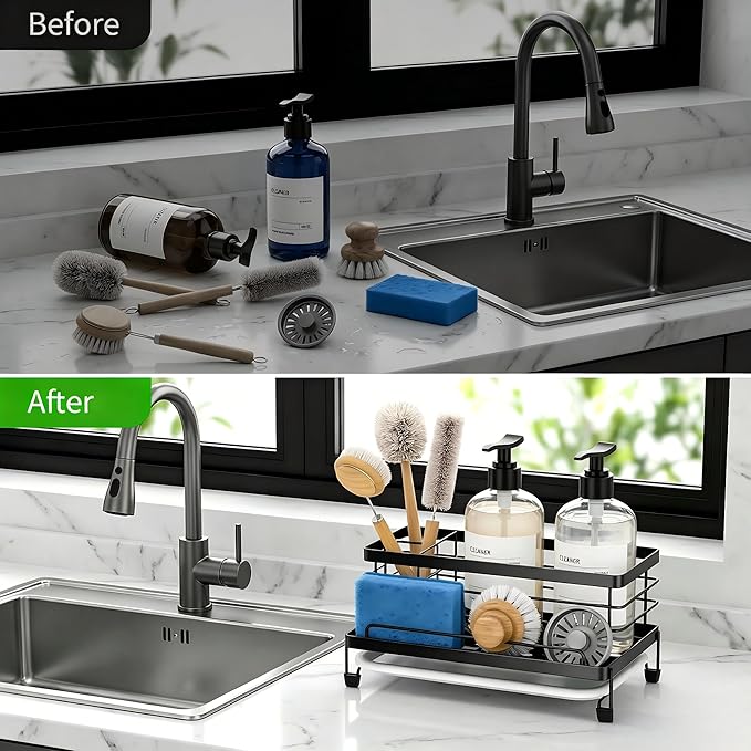 Cisily Black Sponge Holder for Kitchen, Sink Caddy Sink Organizer Rack for Kitchen Accessories with Drip Tray, Rustproof and Non-slip, Soap Dispenser Countertop Organizer Essentials for New Home