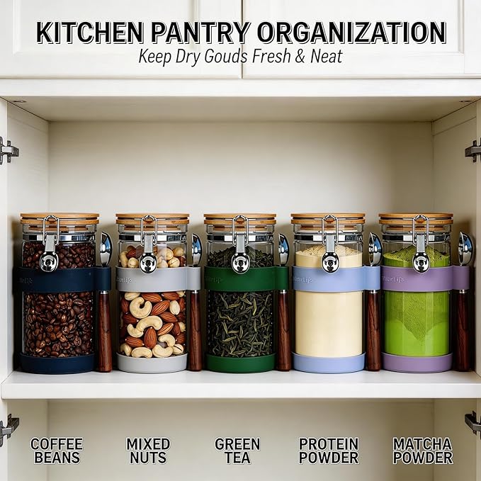 KKC 1.2L Airtight Glass Food Storage Jar with Bamboo Lid & Spoon - Clear Kitchen Canister for Nuts, Seeds & Snacks - Keeps Food Fresh & Crispy, Pantry Organization & Countertop Decor