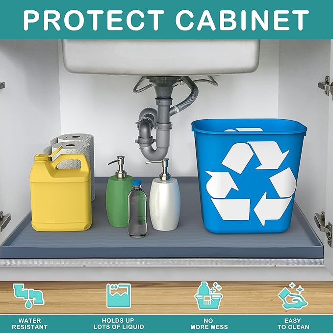 URMONA Waterproof Silicone Under Sink Mat 25'' x 19'' Shelf Liner for Kitchen and Bathroom, Cabinet and Counter Protector, Storage and Organizers, Litter Mat, Pet Cat Puppy Essentials(Khaki)
