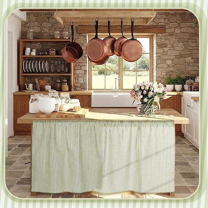 VitalCozy Cabinet Curtain 28" W x 51" L Sage Green Sink Skirt for Bathroom Kitchen Spring Green Strips Short Curtain for Home Classroom Drape Under Desk Privacy Drape for Laundry Room