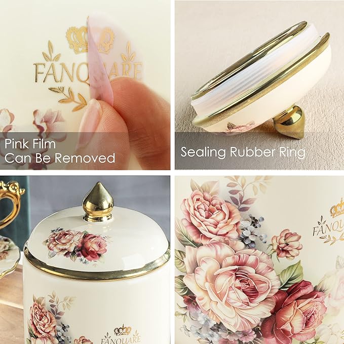 fanquare Porcelain Tea Canister, Normal Size Ceramic Jar, Vintage Gold Floral Countertop Container for Sugar, Tea, Coffee