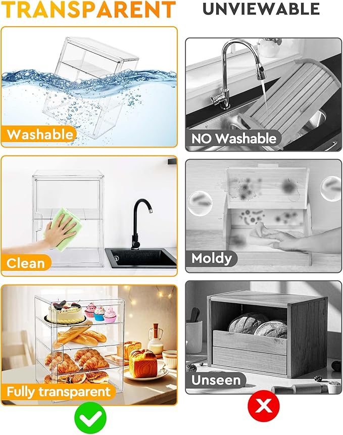 MEI NIAN Pastry Display Case, Bread Box for Kitchen Countertop, 4-Layer Adjustable Bread Box, Large Capacity Bread Storage Container for Home-Baked Breads, Muffins, Bagel, Bread Holder - 3 Pack