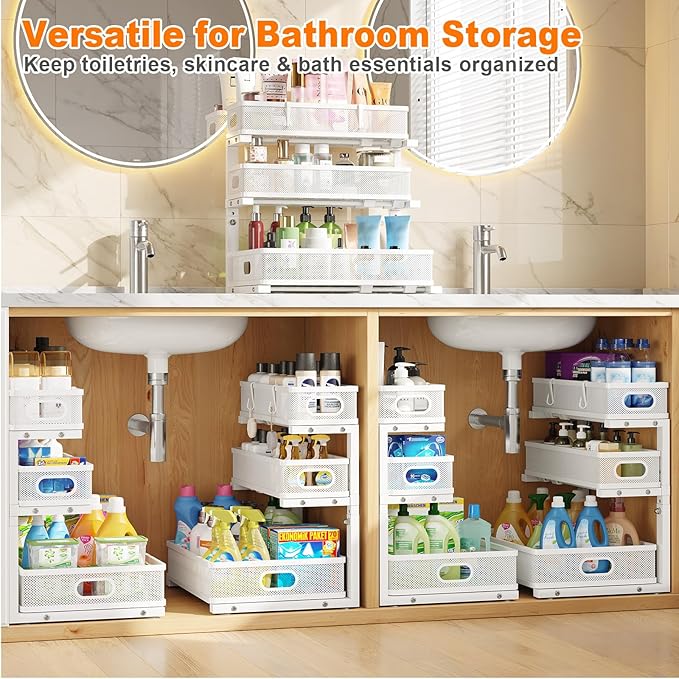 Under Sink Organizer, 2-Pack 3-Tier White Metal Pull Out Cabinet Organizer, Slide Out Under Sink Storage Drawers, Under The Sink Organization and Storage Shelf for Kitchen Bathroom Pantry Laundry Room