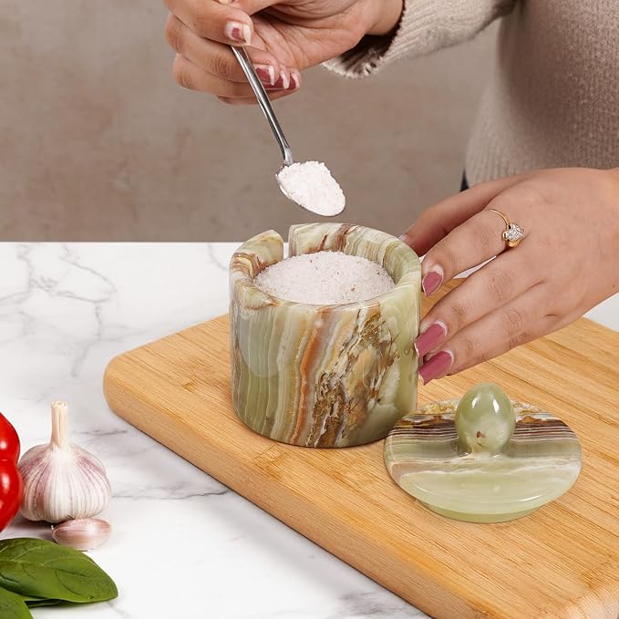 Green Onyx Salt Cellar with Lid 4 Inch – Handmade Natural Marble Salt Cellar, Kitchen Salt Container for Countertop, Refillable Salt Box for Cooking, Seasoning & Dining