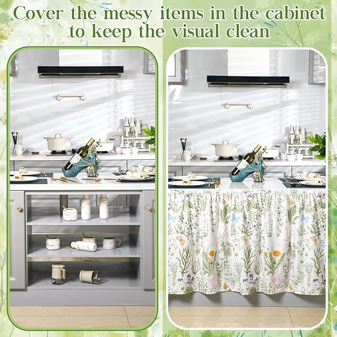 VitalCozy Cabinet Curtains 28"w x 51"L Sink Skirt for Bathroom Diamond Stitch Self Adhesive Waterproof Fabric Short Curtains for Kitchen Floral Dishwasher Curtain Cover for Home Farmhouse Rustic Drape