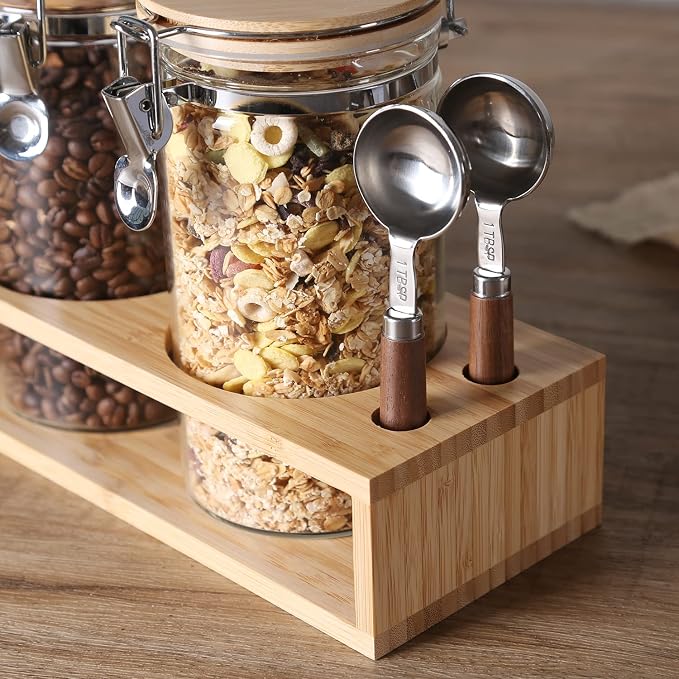 KKC Airtight Coffee Bean Containers with Bamboo Lid & Scoops, 40 oz Glass Coffee Canister Set of 2, Fits 1 lb Coffee Beans, Clear Countertop Coffee Bean Storage Jars for Coffee Station