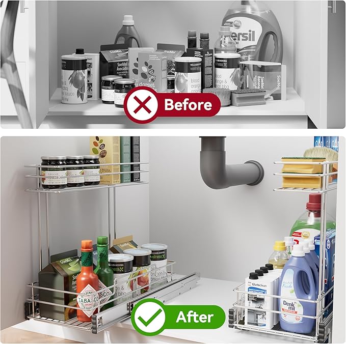 Under Sink Organizer 9" W X17 D, Pull Out Cabinet Organizer 2 Tier, Under Sink Slide Out Chrome Plated, Under Kitchen Bathroom Sink Organizer, Pantry Cabinet Closet Organization Rack, 2 Pack