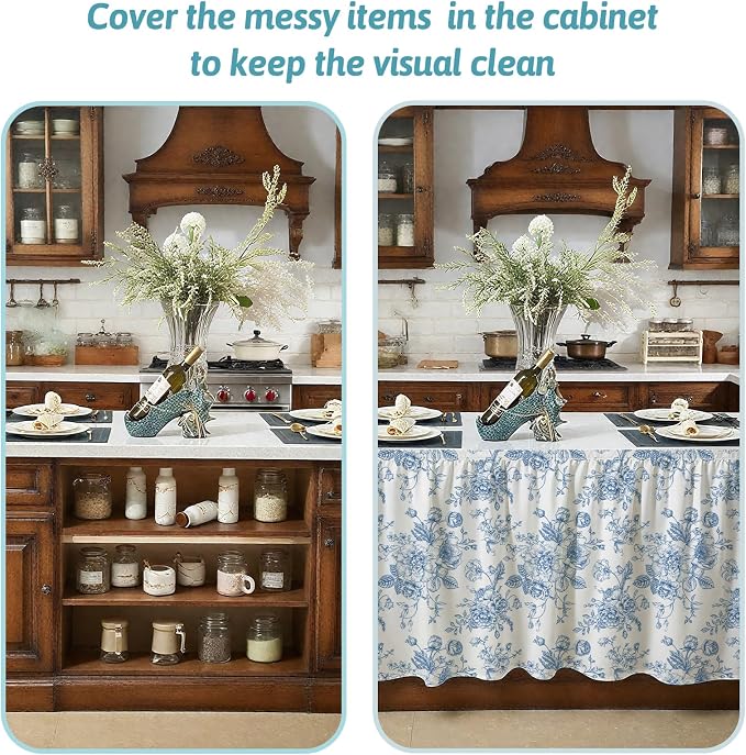 MUGINYU Blue Vintage Floral Short Curtains for Kitchen &Classroom,28" W x 51" L Sink Skirt for Bathroom Cabinet Curtains,Farmhouse Cottage Core Closet Dishwasher Curtain with Velcro