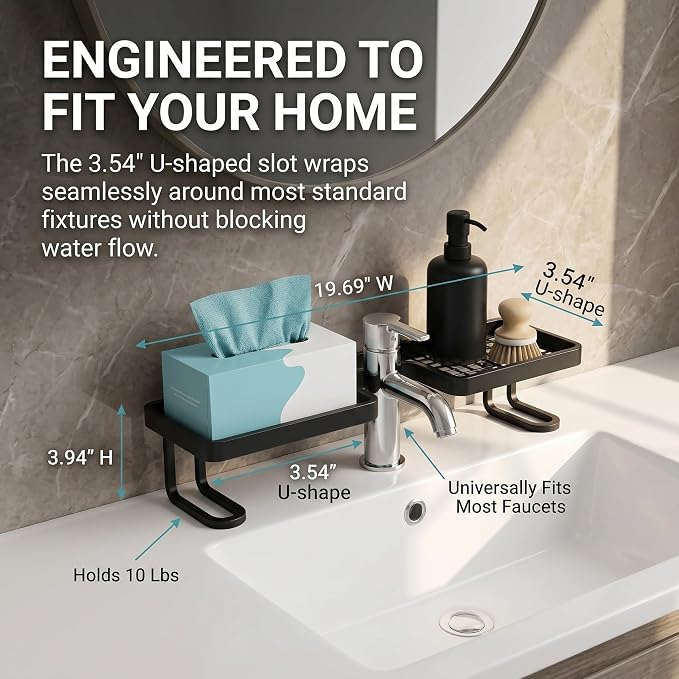 Behind The Faucet Sink Organizer with 20-Pack Pull-Out Microfiber Cloths, No-Drill U-Shaped Bathroom Countertop Shelf, Holds 10 Lbs, Quick Drain Washbasin Space Saver (Black)