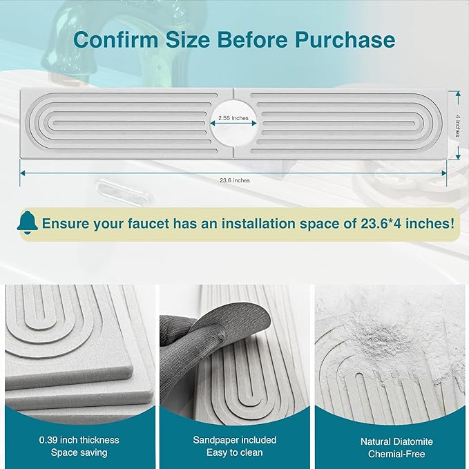 Faucet Mat for Kitchen Sink, Stone Drying Mat for Kitchen Counter, Stone Mat Bathroom, Kitchen Mat, Sink Mat, Water Absorbing Stone Tray for Sink, Bathroom Stone Mat (WHITE, 23.6*4")