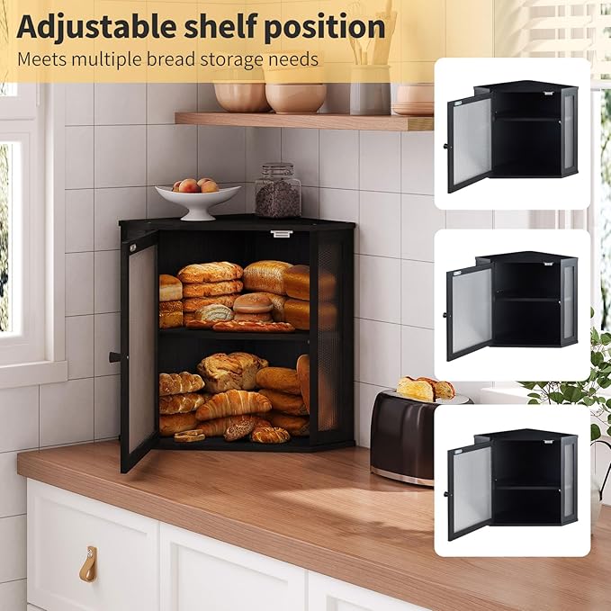 Corner Bread Box for Kitchen Countertop,Bread Storage for Homemade Bread, Double Layer Large Bamboo Kitchen Storage Bin with Window (Black, Large)