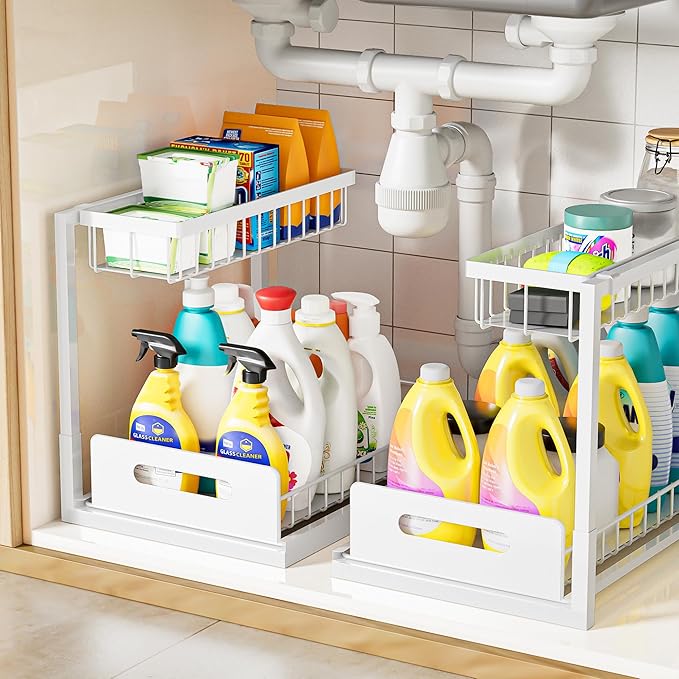 Under Kitchen Sink Organizer 2 Tier, Pull Out Bathroom Sink Organizers and Storage, Cabinet Kitchen Bathroom Storage Organization Shelf, 2 Pack White
