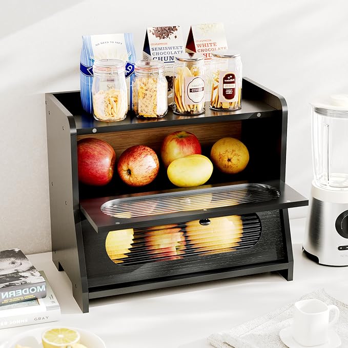 Bread Box,Extra Large 2-Tier Bamboo Bread Box for Kitchen Countertop,Bread Storage Container with Magnetic Acrylic Door for Homemade Bread,Under Cabinet,Pantry Organizer(Black)