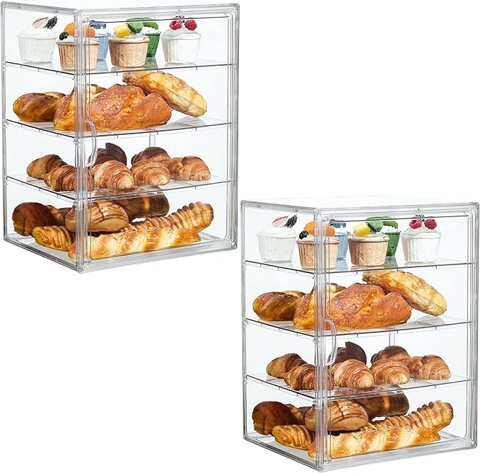 SANKEU Pastry Display Case,Bread Box for Kitchen Countertop,4 Layers Detachable Clear Bread Storage with Magnetic Door Bakery Pastry Display15.5x11.4x9.8,2 Pack