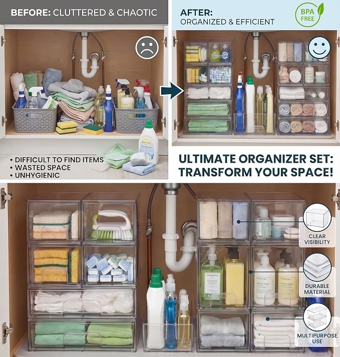 Clear Baby Bottle Organizer For Cabinet, Storage Bins with Pull-Out Drawers, 6-Pack Organizer Set with Labels, Premium PET Plastic Storage Organizer for Pantry, Bathroom, Vanity, Countertop