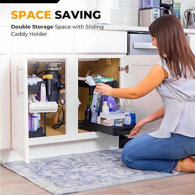 TEVASO Under Sink Organizers and Storage | Space-Saving Cleaning Supplies | 2 Tier Sliding Under Shelf Organizer for Kitchen and Bathroom - Black - 1 Pack