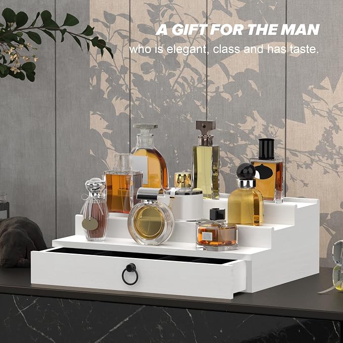 upcessory Cologne Organizer for Men, 3 Tier Wood Perfume Organizer with Felt Lining Drawer and Hidden Compartment, White Perfume Display Holder, A Gift for Men