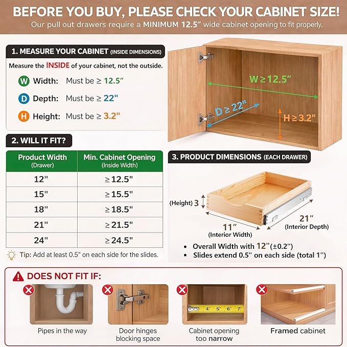 Menkxi 2 Set Wooden Pull out Cabinet Organizer Fully Assembled Slide out Pantry Drawer with Gentle Close Storage Shelf Tray for Base Kitchen Under Sink Bathroom Accessory(Wood Color,12'' X 21'' X 3")