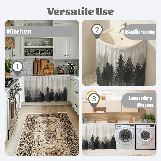 Misty Forest Sink Skirt for Bathroom, Self Stick Adhesive Waterproof Fabric, Nature Woodland Under Sink Curtain Skirt, Pedestal Sink Accessories Decor