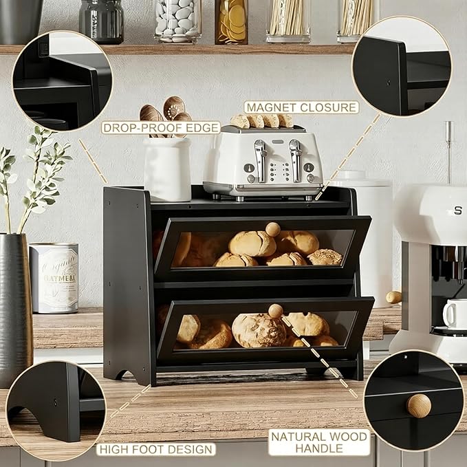 BAMBANG Bread Box for Kitchen Countertop, Extra Large Bamboo Bread Storage Container for Homemade Bread, Double Layer Breadox, Bread Bin Organizer for Counter Cabinet Pantry, Black