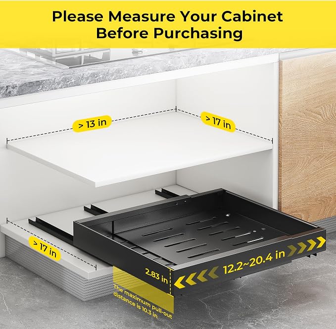 1 Pack Pull Out Cabinet Organizer, Expandable Width (12.2"-20.4") x 16.5'' Deep Slide Out Drawers for Kitchen Pantry Bathroom Cabinets, Load-Bearing Upgrade 3 Slide Rails Fixed with Adhesive Nano Film