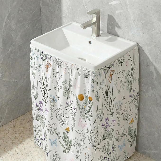 Pastoral Sink Skirt for Bathroom, Self Stick Adhesive Waterproof Fabric, Under Sink Curtain Skirt, Pedestal Sink Accessories Decor