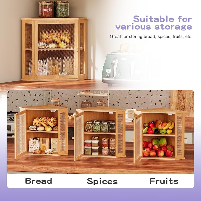 Bamboo Bread Box with Acrylic Window Display,Kitchen Countertop Storage,(Natual, Medium)