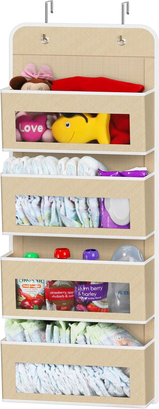 Simple Houseware 4 Clear Window Pocket Over Closet Door Storage Hanging Organizer for Bedroom, Bathroom, Pantry, Beige