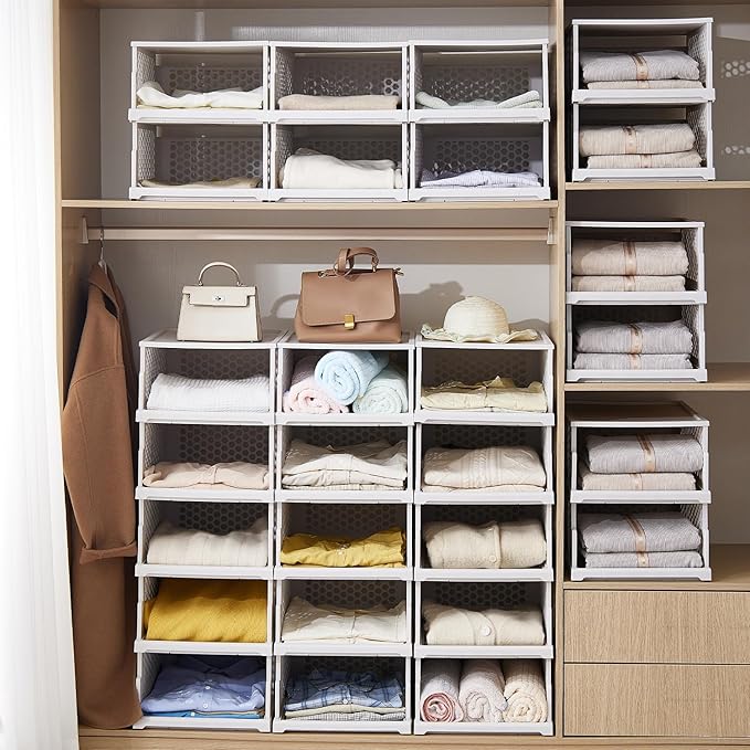 Pull-out Plastic Storage Basket with a Lid,Stackable Closet Organizers Drawer Anti-Tipping,Stable Shelf Container for Bathroom Laundry Room Storage, Space-Saving Clothes Storage ,White Gray,2 pack