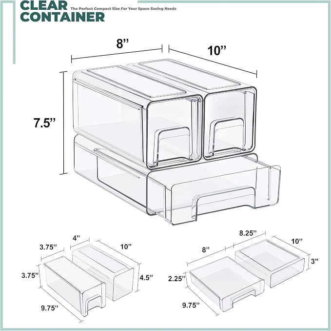 Sorbus 1 Medium & 2 Small Clear Stackable Storage Drawers, Plastic Organizer Bins with Handles, Pull-Out Drawers for Bathroom Closet, Medicine, Cabinet, Pantry Storage, Baby Bottle Organizer
